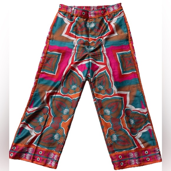 Zara Wide‎ Leg Palazzo Pants Sz Med Bright Floral Print Mod Flower Satin Look - Picture 2 of 14